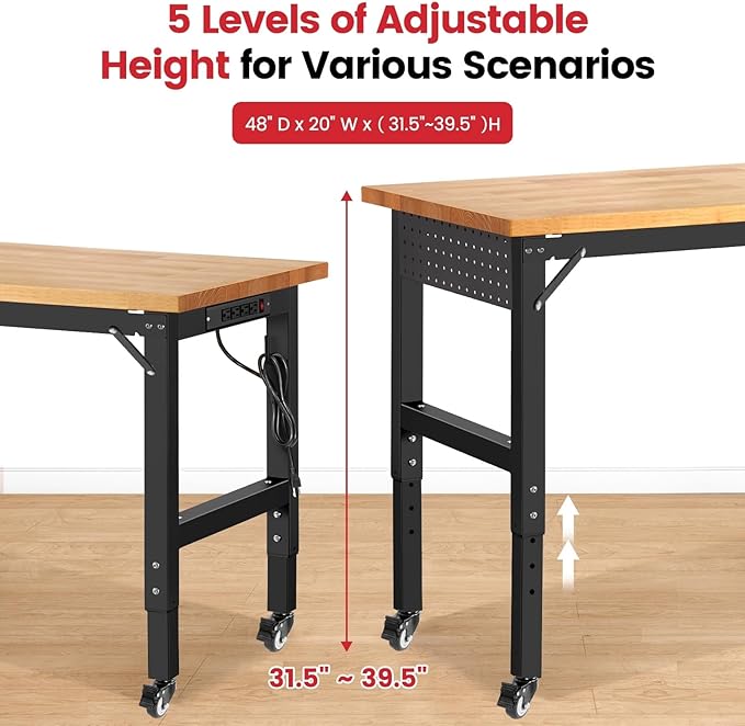 Work Bench with Wheels 48 x 20 Inch Heavy Duty Rubberwood Tabletop Garage Workbench Adjustable Height Work Table with Pegboard, Power Outlets for Woodworking Shop, Home, Office