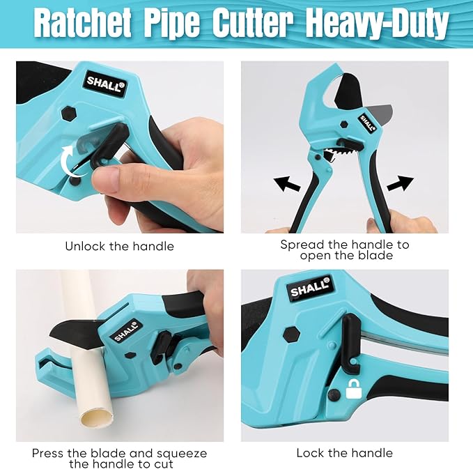 SHALL PVC Pipe Cutter, Cuts up to 1-5/8”, Heavy-Duty Aluminum Ratchet Pipe Cutter Tool for PVC, PPR, PE, PEX, Plastic Hoses & Plumbing Pipes, Fast Pipe Tube Cutters with High Performance SK5 Blade