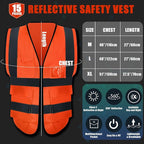 15 Pack Reflective Safety Vests with Pockets and Zipper High Visibility Vest Construction Work Vest for Men Women(Orange Red, Large)
