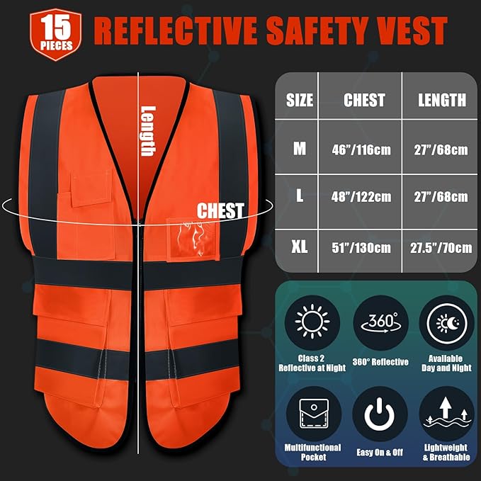 15 Pack Reflective Safety Vests with Pockets and Zipper High Visibility Vest Construction Work Vest for Men Women(Orange Red, Large)