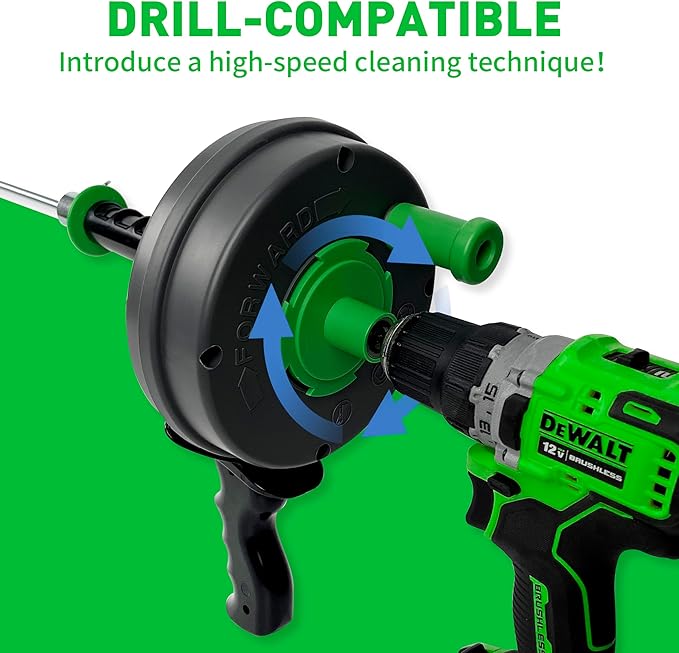 BACOENG 25Ft Drain Auger, Heavy Duty Plumbing Snake with Drill Adapter, Use Manually or Powered for Drain Clog, Shower Sink, Comes with Gloves and Bag (Green)