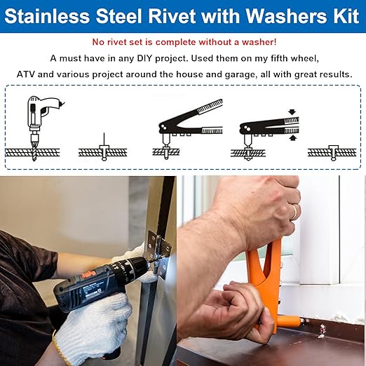 240pcs Steel Rivets with Washers 7-Sizes 304 Stainless Steel Pop Rivets Assortment Kit 1/8",5/32",3/16" for Metal,Furniture,Automotive,Instruments