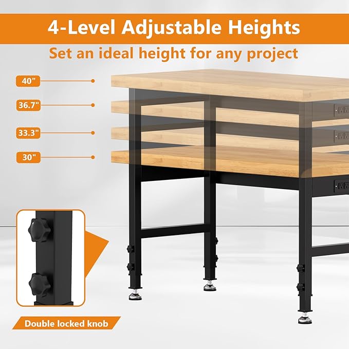 48" Work Bench, Adjustable Height Workbench with Rubber Pad, Heavy-Duty Work Table with Power Outlets, 2000 LBS Capacity Workstation for Garage, Workshop, Office, Home