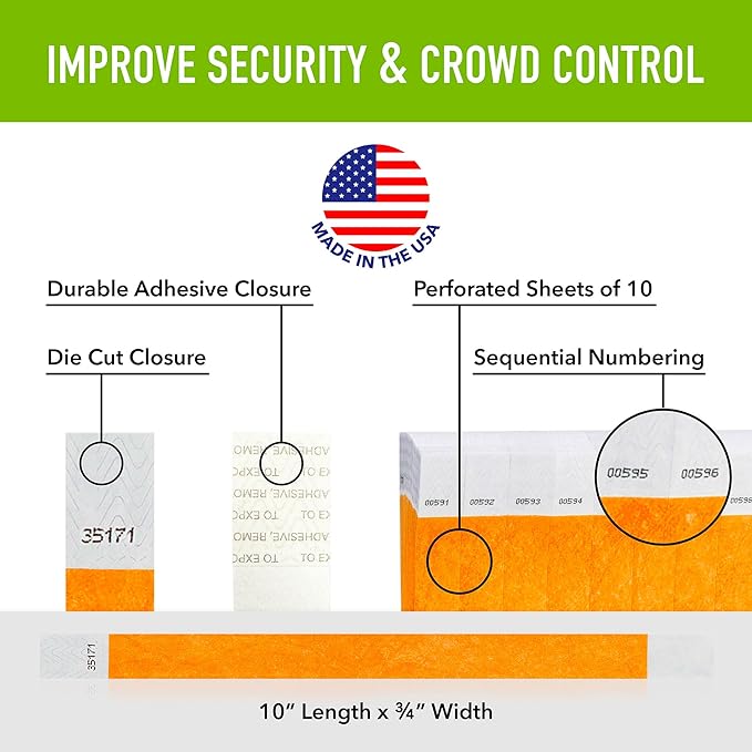 1,200 WristCo Neon Orange Tyvek Wristbands for Events - Tamper-Proof Design & Fluorescent Color Prevent Reuse Premium-Grade Bracelets for Hospital & Medical ID, Party & VIP Identification