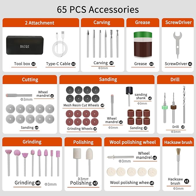 8.0V Cordless Rotary Tool, 5 Speeds, 65 Pcs Rotary Tool and Accessories Multi-Purpose For Carving, Engraving, Sanding, Polishing and Cutting,DIY Crafts