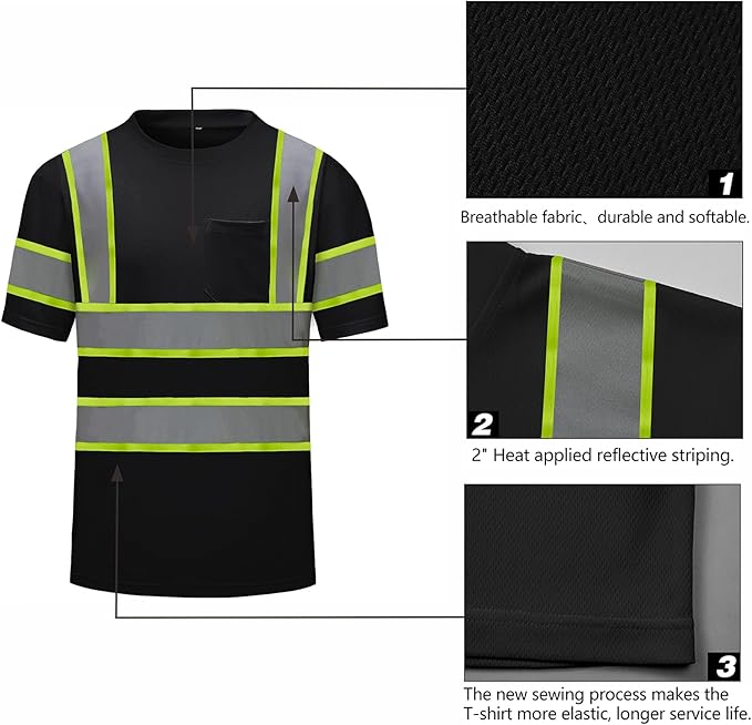 High Visibility Shirts Quick Dry Safety T Shirts with Reflective Strips and Pocket Short Sleeve Mesh Hi Vis Construction Work Class 2 Shirt for Men/Women Black,Small