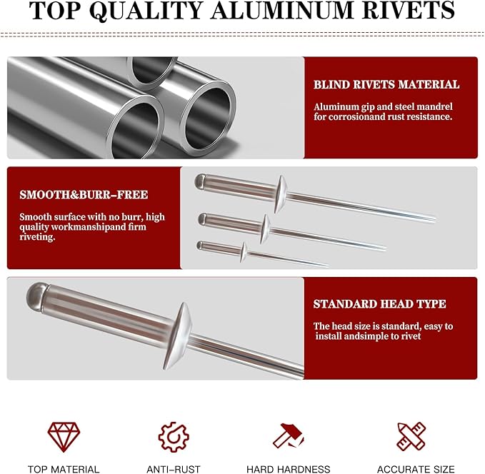 210Pcs Silver 3/16'',1/8'' Pop Rivets Assortment Kit, 8 Sizes Aluminum Rivets,Aluminum blind rivets for metal Dome Head rivet kit
