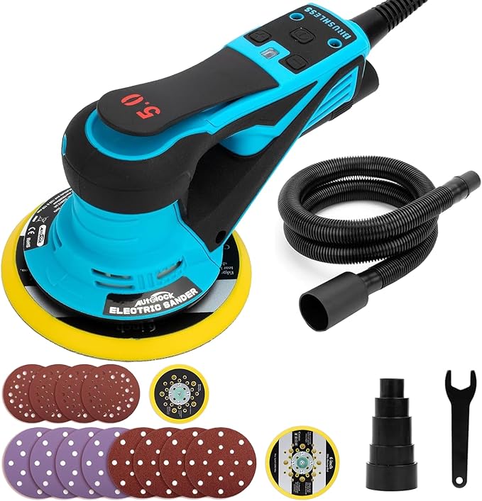 Autolock Electric Random Orbital Sander, 350W Brushless Motor with 5 & 6 Inch pads, 10000RPM Electric Palm Sander for Woodworking, Sanding and Polishing (Blue)