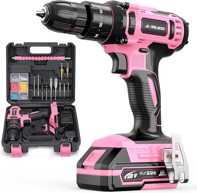 20V Cordless Drill, Electric Power Drill Set with Battery Charger, 3/8” Keyless Chuck, 2 Variable Speed, 18+3 Torque, 72pcs Driver Bits and Belt Hook, Pink