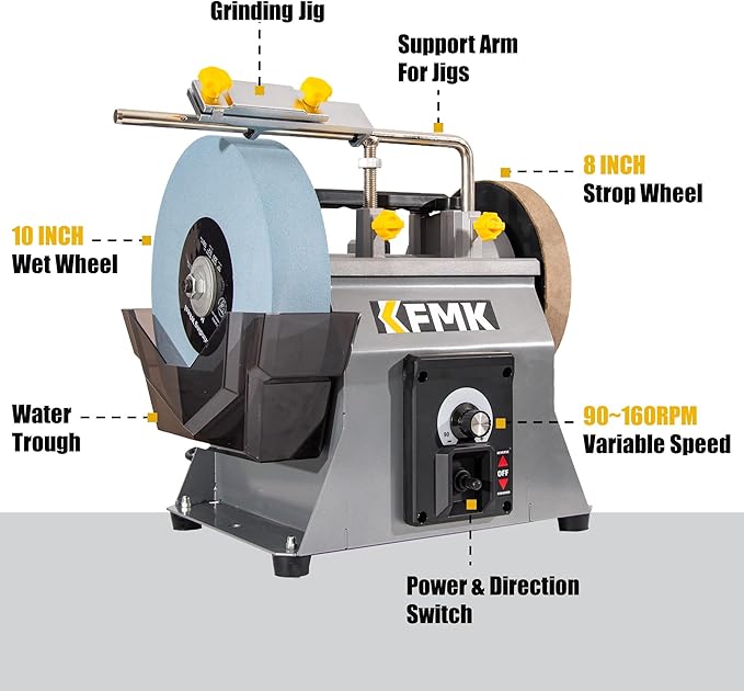 10 Inch Variable Speed Wet Sharpening System, 90-160RPM Wet Bench Grinder, Two Direction Water Cooled Wet/Dry Sharpening System for knife, Chisel, Scissor, Woodworking Tools