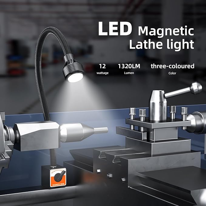 Magnetic Work Light,Three-ColorTemperature,1320 Lumen 120v FlexibleGooseneck Work Light with AdjustableFocusand Magnetic Base for Lathe CNC MillingDrill Press SewingMachine Industrial Light