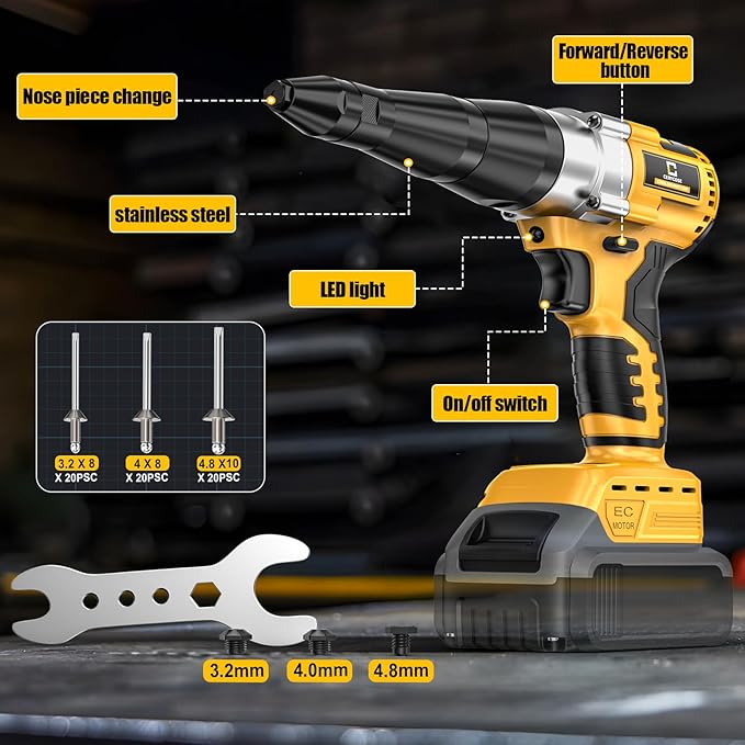 Cordless Rivet Gun Compatible with DeWalt 20V Battery,Brushless Electric Rivet Nut Tool with 3 Sizes Steel Rivets(1/8",5/32",3/16") & Nose Pieces, Professional Riveters Gun 20V(Tool Only)