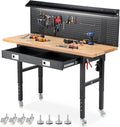 Workbench with Wheels 60 x 22 Inch Heavy Duty Rubber Wood Tabletop Work Bench with Pegboard, Drawers, Power Outlets Adjustable Height Work Table for Woodworking Shop, Home, Office