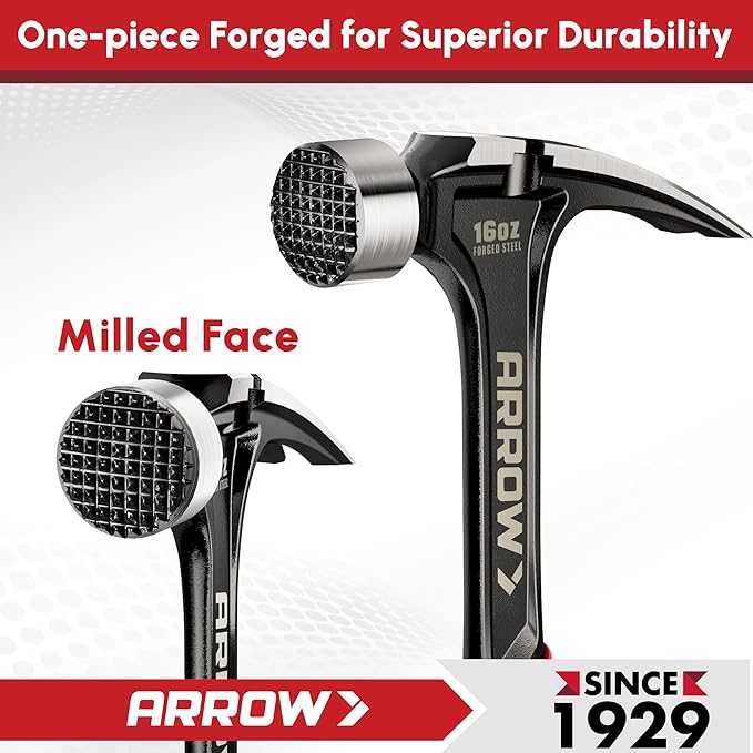 ARROW 16 oz Straight Claw Hammer, Rip Claw Hammer with Side Nail Puller, Milled Face & Shock Absorbing Grip, One-piece Forged Hammer