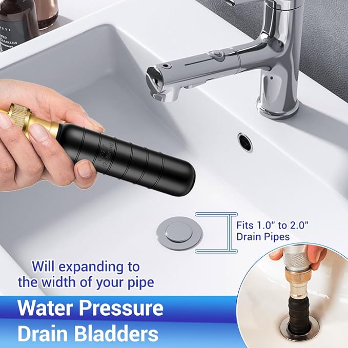 Drain Cleaning Bladder- Fits 1" to 2" Pipes, 3/4" Hose Thread Valve,Ideal for Sinks, Showers, Tubs & Sewer Lines, Rubber, Easy Daily Use, Cold Water Only (S:1" to 2")