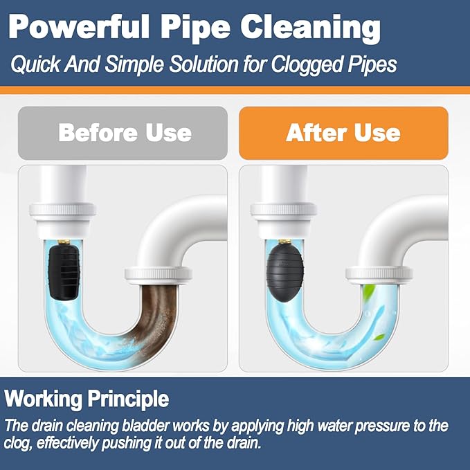 Drain Cleaning Bladder Kit, Including 3 Sizes Rubber Bladders, 10 Ft Retractable Hose, Brass Faucet Adapter & Shut-Off Valve, Durable Drain King Style Tool for Pipe & Sewer Unclogging (6 pcs)