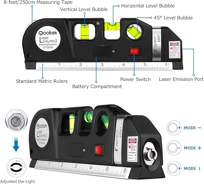 Laser Level Multi Tool, Multipurpose Cross Line Laser leveler Kit Tools with Metric Rulers 8ft/2.5M for Hanging Pictures Cabinets Tile Curtains Walls by Qooltek