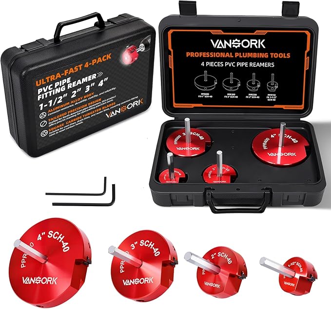 4 Pieces PVC Pipe Reamer Kit, PVC Fitsting Saver, Plastic Pipe Fitsting Reamer Socket Saver Plumbing Tool Includes 1-1/2'', 2'', 3'', 4'', for Schedule 40, Fits Standard 1/2" Drill