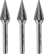 LU&MN SM-5 Tungsten Carbide Burr Rotary File, 3PCS, 25° Pointed Cone, Double Cut, 1/4'' Shank, 1/2'' Cutter Dia, 1'' Length, for Die Grinder Drill
