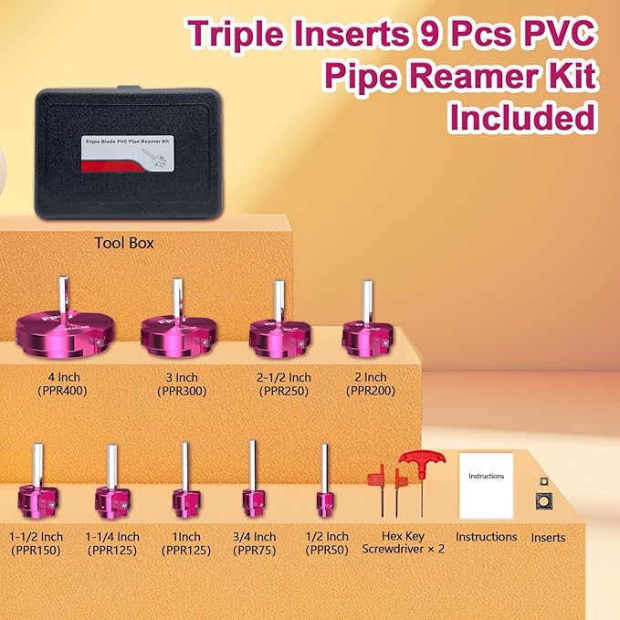 Original Design Patent Triple Inserts 9 Pcs PVC Pipe Reamer Kit, PVC Fitting Saver, Pipe Tools Contains 1/2", 3/4", 1", 1-1/4", 1-1/2", 2", 2-1/2", 3", 4" and 2 Replacement Carbide Inserts for SCH40