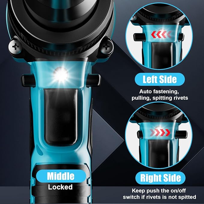 Rivet Gun Compatible with Makita 18V Battery,Cordless Riveters Tool,Brushless Rivet with 3 Size(1/8", 5/32", 3/16") Aluminum Rivets & LED Light for Construction,Metalworking