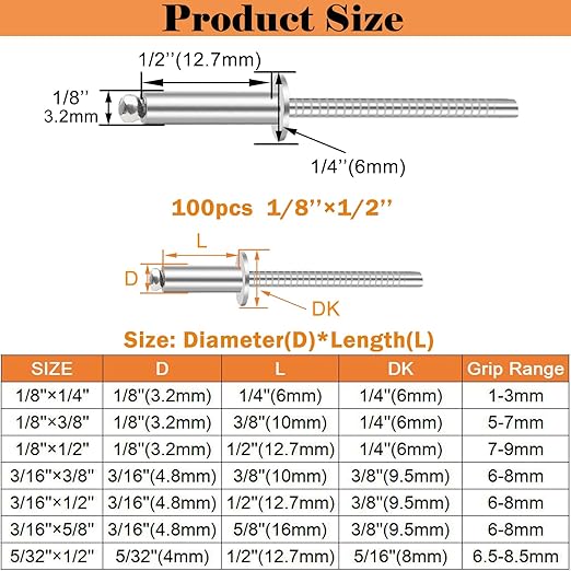 100pcs 1/8 x 1/2 inch 304 Stainless Steel Pop Rivets, 3.2 x 12.7mm Blind Rivets for DIY/Automotive Repairs/Furniture