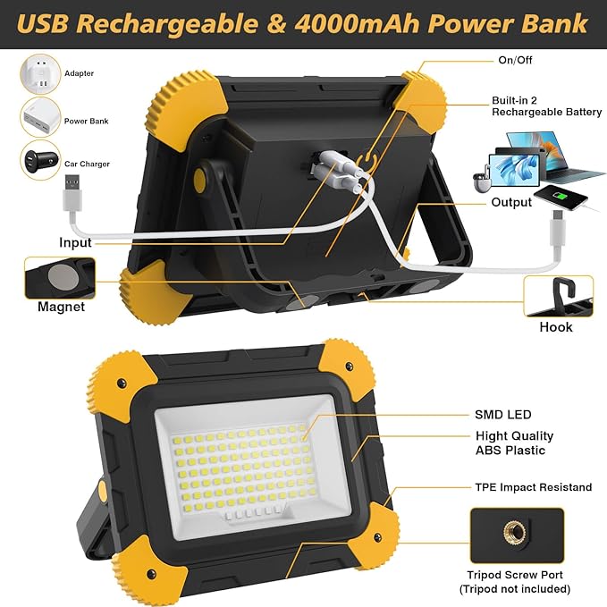 2-Pack Portable Flood Light, 4000mAh Magnetic Rechargeable LED Work Light Battery, 40W Outdoor Waterproof Work Lights Cordless 180° Rotate for Job Site Garage Camping Car Repair, Gifts for Men