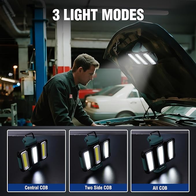WORKPRO Rechargeable USB-C LED Work Light, Foldable Magnetic Light with Hanging Hook, 270° Rotatable, Tripod Mountable, Cordless Flashlight Light for Garage, Workshop, Auto Repair, Camping