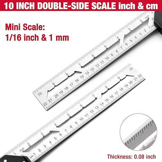 Arrow 10-Inch Try Square, Woodworking Square with Stainless Steel Blade, Aluminum Handle, 1-Inch Scribe Notches and Bubble Level, Layout and Marking Tool for Carpenters