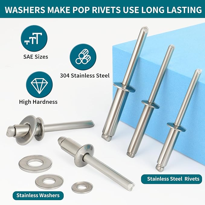 450Pcs 304 Stainless Steel Pop Rivets with Washers Assortment Kit,1/8" 3/16" 1/4" Assorted Blind Rivets 8 SAE Sizes,DIY/Home/Automotive Repairs