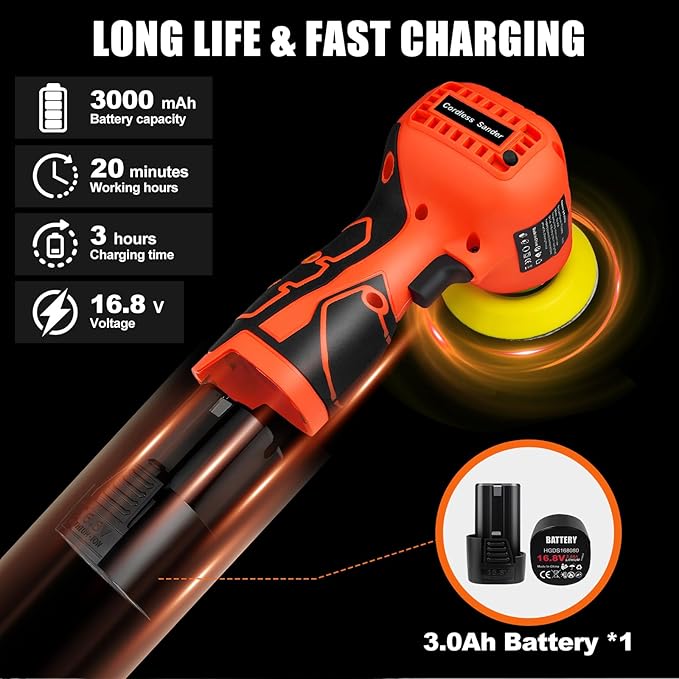 Cordless Sander, 3" Palm Sander with 16.8V 3.0Ah Li-ion Battery, 3500RPM Mini Polisher, 19 Accessories Sander Tool for Sanding/Polishing/Waxing/Cleaning