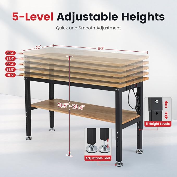 Work Table for Garage 60 Inch Workbench with Storage Adjustable Height Rubber Wood Tabletop Work Bench with Power Outlets Pegboard Pad for Cutting Wood Shop Woodworking Home Office