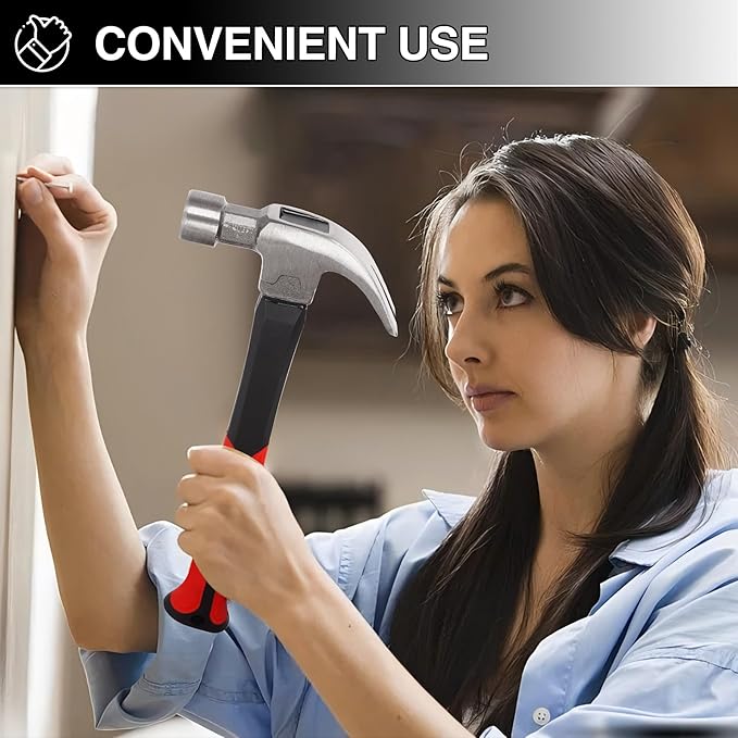 16OZ Claw Hammer with Fiberglass Handle, Drop Forged Claw Hammer, All Purpose Hammer, Smooth Face, Shock-Absorbing Grip
