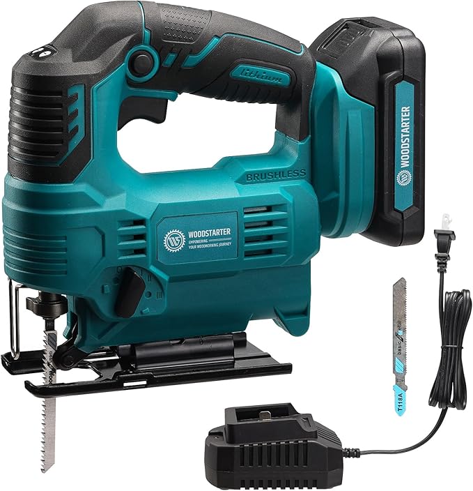 Cordless Jigsaw for Makita 18V, Brushless, 1000-2900SPM, 4-Position Orbital, 65mm Wood/Metal/PVC Cutting, Vacuum, LED Light, T-Shank Blade, with Battery & Charger, 0°-45°Bevel Cuts