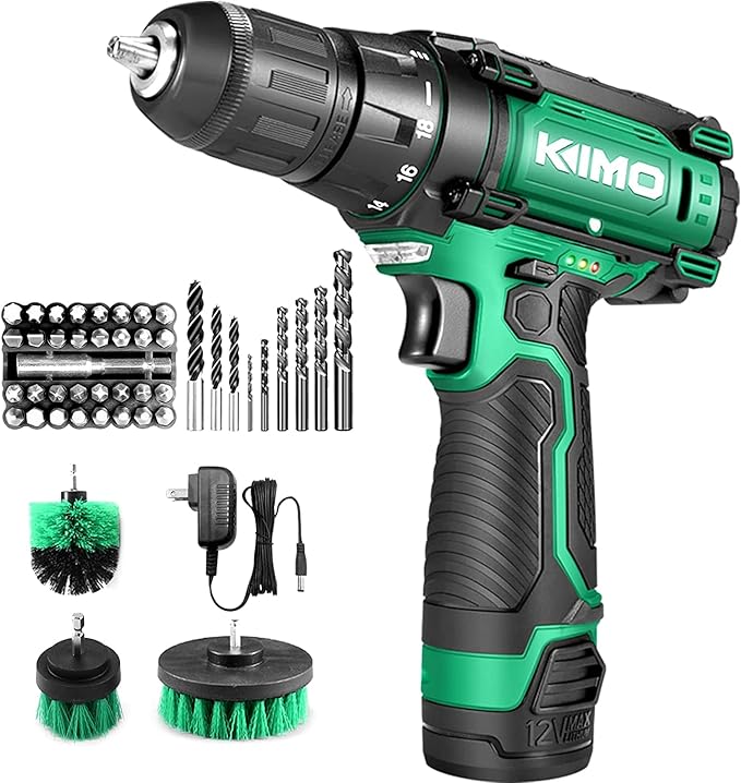 KIMO Cordless Drill/Driver Kit, 48pcs Power Drills Set w/Li-Ion Battery and Charger - 12V MAX Drills 280 In-lb Torque, 18+1 Metal Clutch, 3/8" Keyless Chuck, Built-in LED-Drill for Wood Bricks