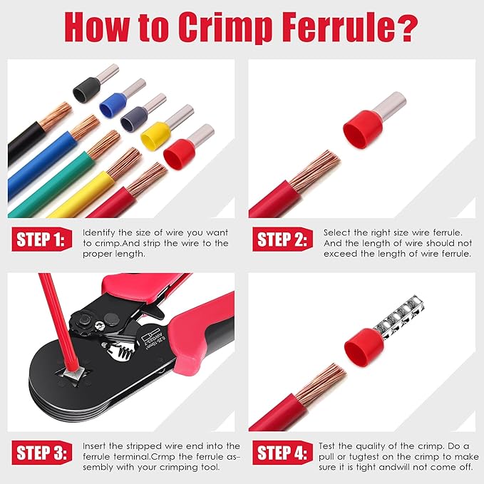 Ferrule Crimping Tool Kit, Square Crimping Tools, AWG 23-7 Self-adjustable Ratchet Wire Crimping Tool Kit Crimper Plier Set with 1200PCS Wire Connectors