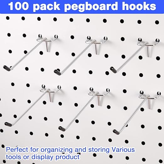 Moxweyeni 100 Pcs Pegboard Hooks Peg Board Organizer Accessories Holders Hanging Stainless Steel Display Wall Hooks for 1/8 and 1/4 Pegboard Wall for Garage Storage Tools(6 Inch)