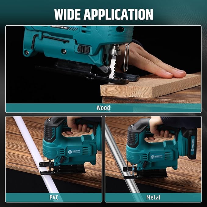 Cordless Jigsaw for Makita 18V, Brushless, 1000-2900SPM, 4-Position Orbital, 65mm Wood/Metal/PVC Cutting, Vacuum, LED Light, T-Shank Blade, with Battery & Charger, 0°-45°Bevel Cuts
