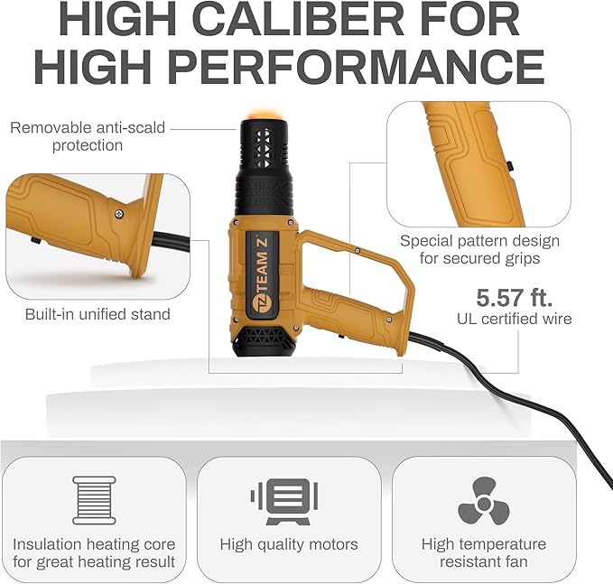 Team Z Premium Heavy Duty Heat Gun Kit with Case – Upgrade LCD Display, Overload Protection & 10 Sec Delayed Turn Off Function - High Temp (140F – 1202F) Hot Air Gun for Vinyl Wrap, Shrink Tubing