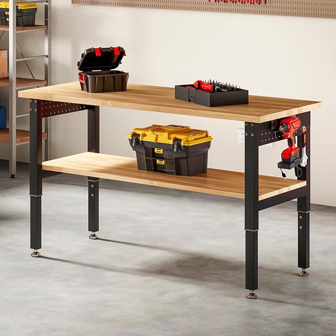 SPECRAFT Adjustable 2-Tier Workbench with 4 AC Outlet and 2 USB Ports Power Outlets, 2000 Lbs Capacity Heavy Duty Workbench, Rubber Wood Top for Garage, Workshop, Office（48x20in）