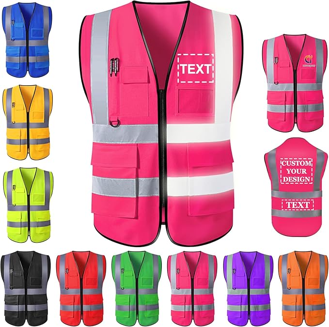Custom Safety Vest for Men with Logo Pockets Personalized High Visibility Protective Workwear with Reflective Strip
