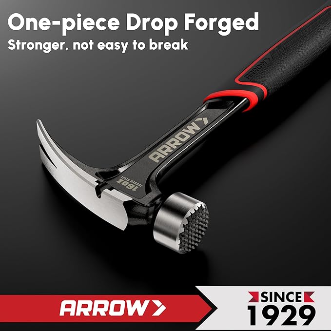 ARROW 16 oz Straight Claw Hammer, Rip Claw Hammer with Side Nail Puller, Milled Face & Shock Absorbing Grip, One-piece Forged Hammer