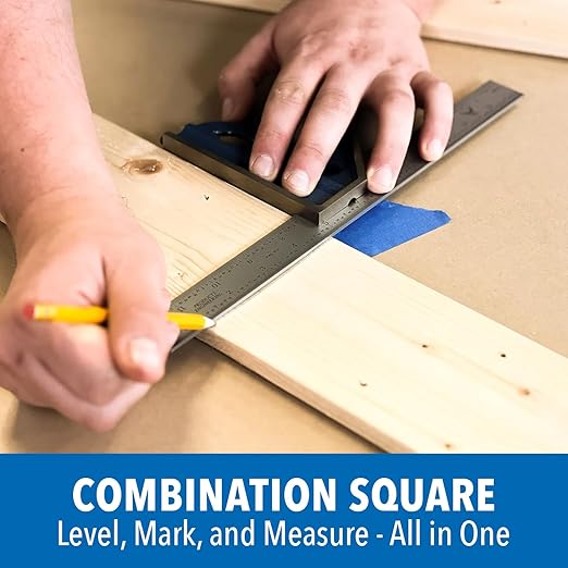 4-Piece Combination Square Set - 4R 18” Metal Ruler, Protractor, Center Finder, Combo Square with Level and Scriber Tool - for Metal Working and Fabrication, Carpentry, Woodworking and More PEC Tools