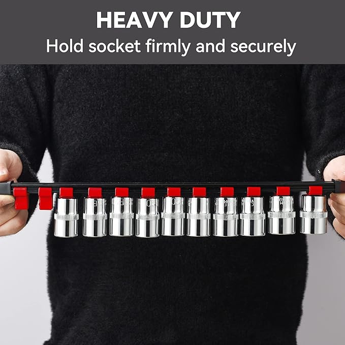 ALOANES 6 PC ABS Socket Organizer, 3/8 inch, Drive Socket Rail Holders, Heavy Duty Socket Racks, Black Rails with Red Clips