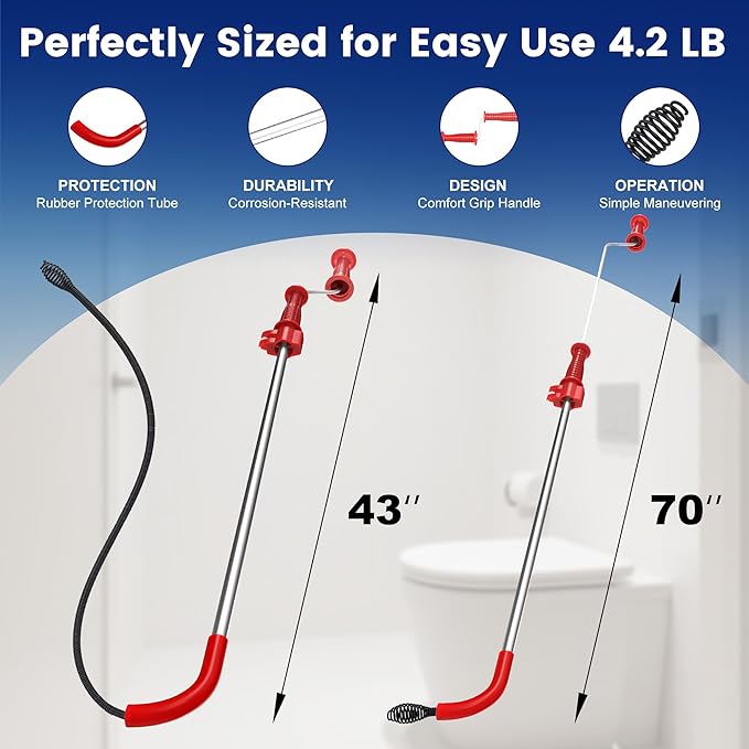 59787 Model K-3 Toilet Auger Clog Remover Toilet Snake for Unclogging with 3-Foot Snake and Bulb Head, Toilet Auger Snake for Unclogging Toilets for Home, Office, School, and More