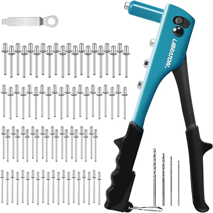 Rivet Gun, Rivet Gun Kit, Pop Rivet Gun, 80PCs Metal Rivets and 4 Drill Bits, Heavy Duty Hand Riveter, Rivet Gun Tool for Metal, Automotive, Blind Rivets 3/32" 1/8" 5/32" 3/16"