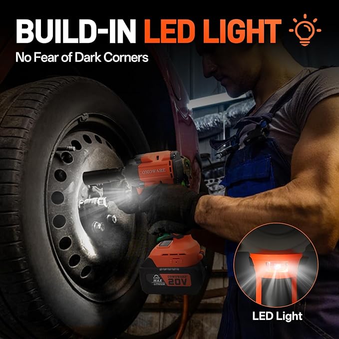 COMOWARE 20V Brushless Impact Wrench, 650N.m (480 ft-lbs) Power Cordless Impact Gun with 4.0Ah Battery & Fast Charger, 1/2" Compact Design, 3-Speed Control (0-3000 RPM), LED Light, 6Pcs Sockets