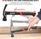 HAUTMEC 20 oz. One Piece Forged Framing Hammer With Straight Rip Claw Hammer, Milled Face, Shock-Absorbing Grip, with Magnetic Nail Holder, HT0371-HM