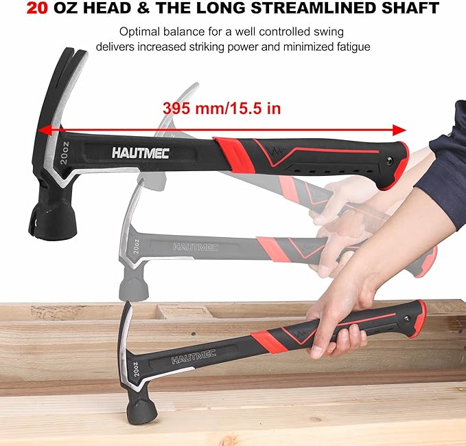 HAUTMEC 20 oz. One Piece Forged Framing Hammer With Straight Rip Claw Hammer, Milled Face, Shock-Absorbing Grip, with Magnetic Nail Holder, HT0371-HM