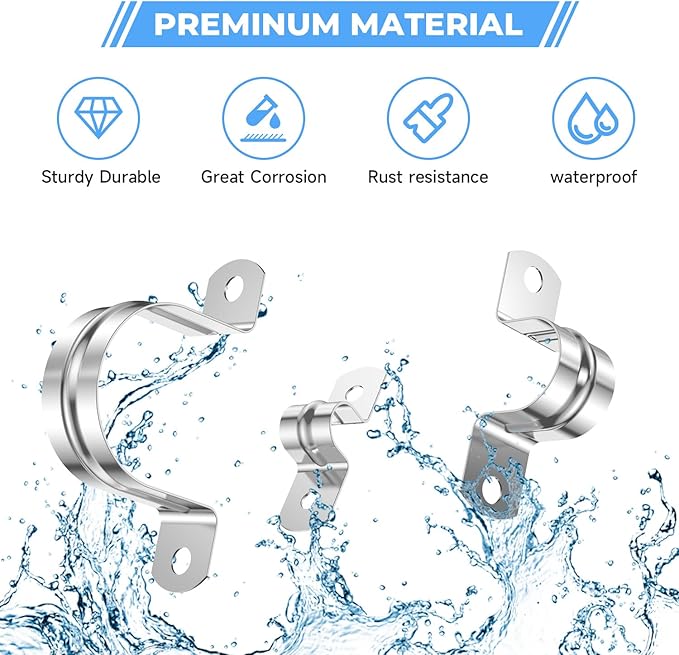 60Pcs 5/8 Inch (16mm) 304 Stainless Steel Conduit Clamps, U-Tube Strap Pipe Clamp Two Hole Strap U Bracket Rigid Pipe Strap Clamps Metal Conduit Strap Tension Clips U-tube Clamp Heavy Duty
